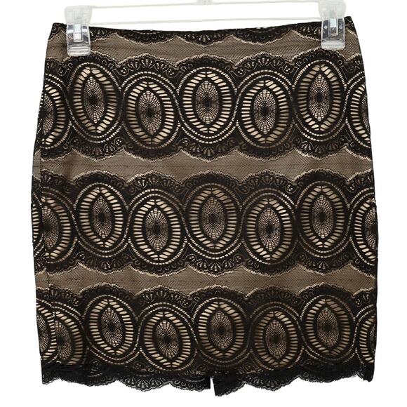 Cache Dresses & Skirts - Cache Skirt Womens 6 Black Lace Beige Lining Pencil Short Back Zip Party Formal